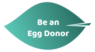 White bold text reading 'Be An Egg Donor' on a green graphic in the shape of an oblong leaf
